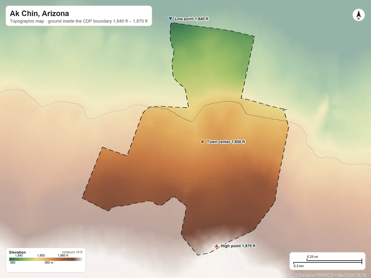 Topographic elevation map of Ak Chin, Arizona, shaded from 1,840 ft on the north side to 1,870 ft on the south side