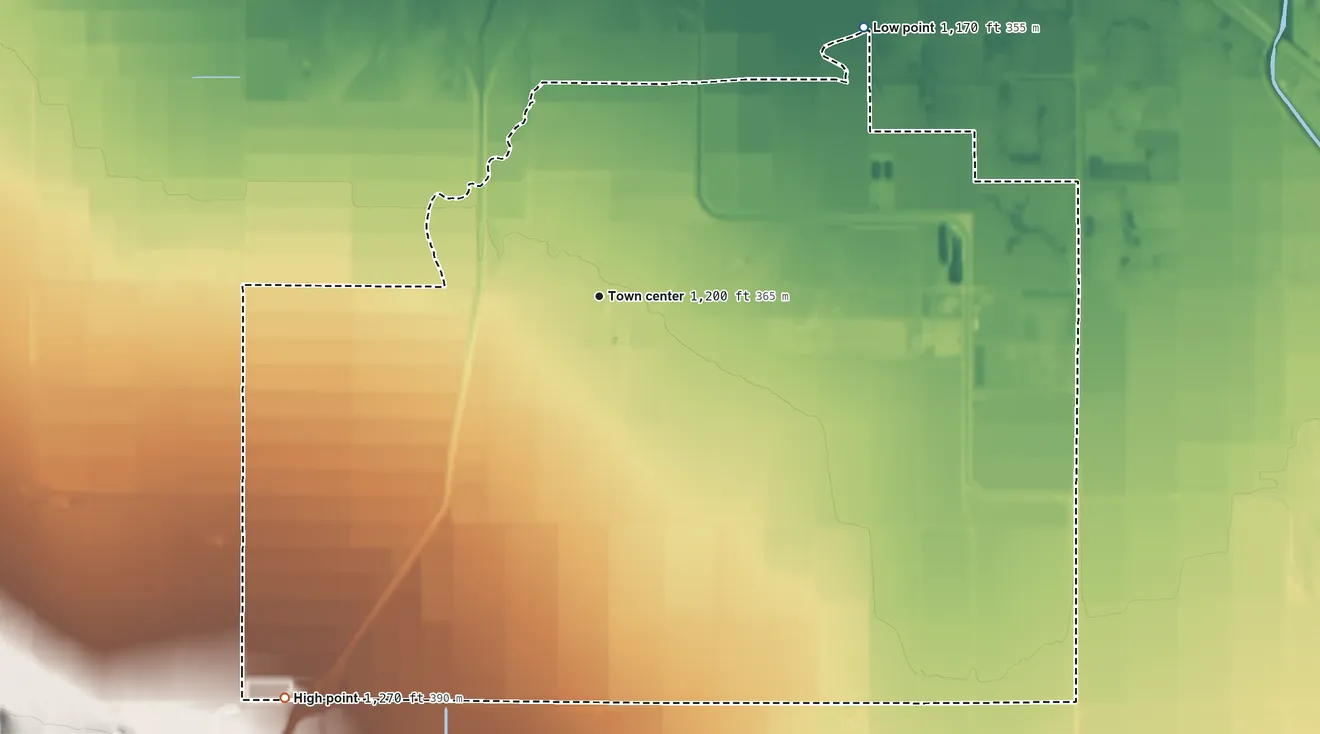 Topographic elevation map of Ak-Chin Village, Arizona, shaded from 1,170 ft on the northeast side to 1,270 ft at the foot of the Palo Verde Mountains