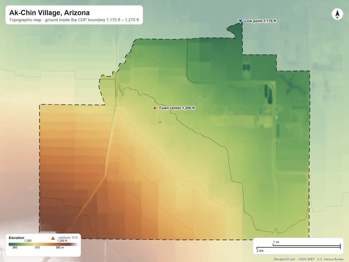 Topographic elevation map of Ak-Chin Village, Arizona, shaded from 1,170 ft on the northeast side to 1,270 ft at the foot of the Palo Verde Mountains