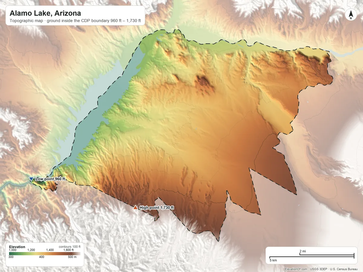 Topographic elevation map of Alamo Lake, Arizona, shaded from 960 ft on the west side to 1,730 ft at the foot of the Rawhide Mountains