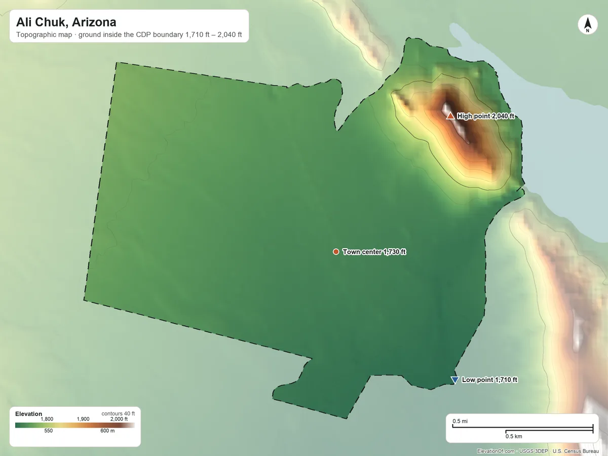 Topographic elevation map of Ali Chuk, Arizona, shaded from 1,710 ft on the southeast side to 2,040 ft at the foot of the Sierra de la Nariz