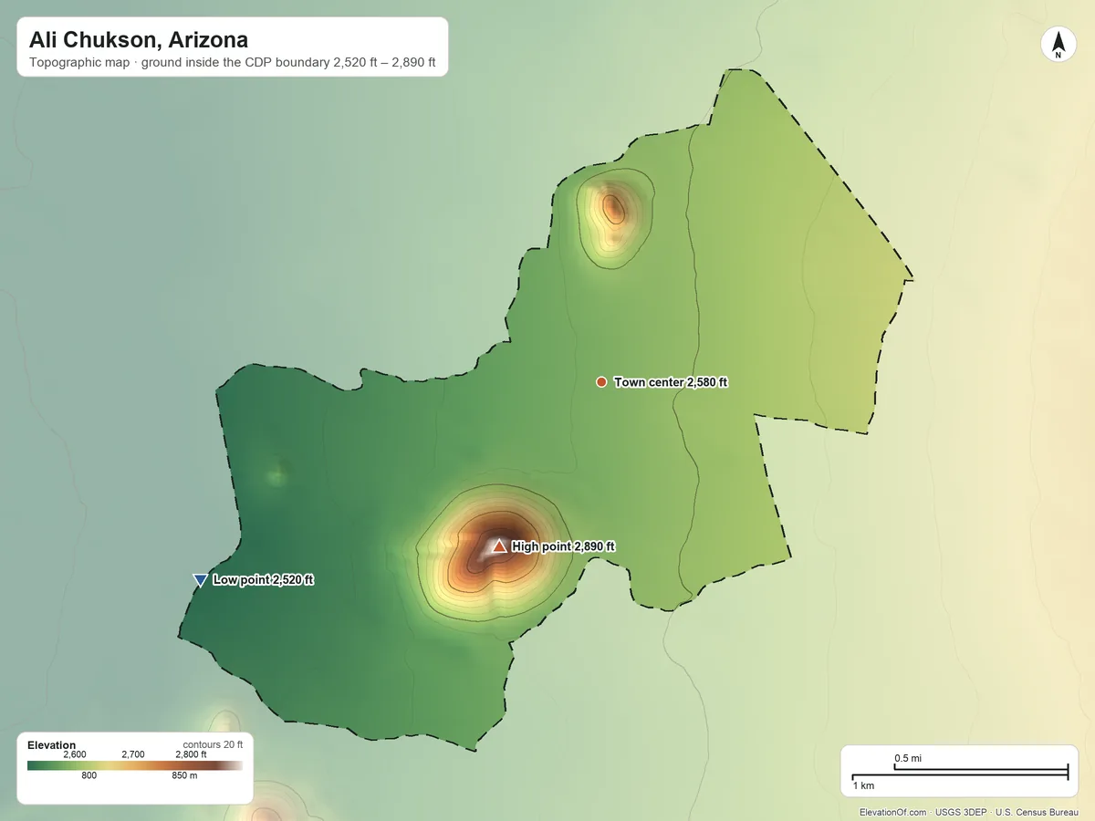 Topographic elevation map of Ali Chukson, Arizona, shaded from 2,520 ft on the southwest side to 2,890 ft on Ali Chukson
