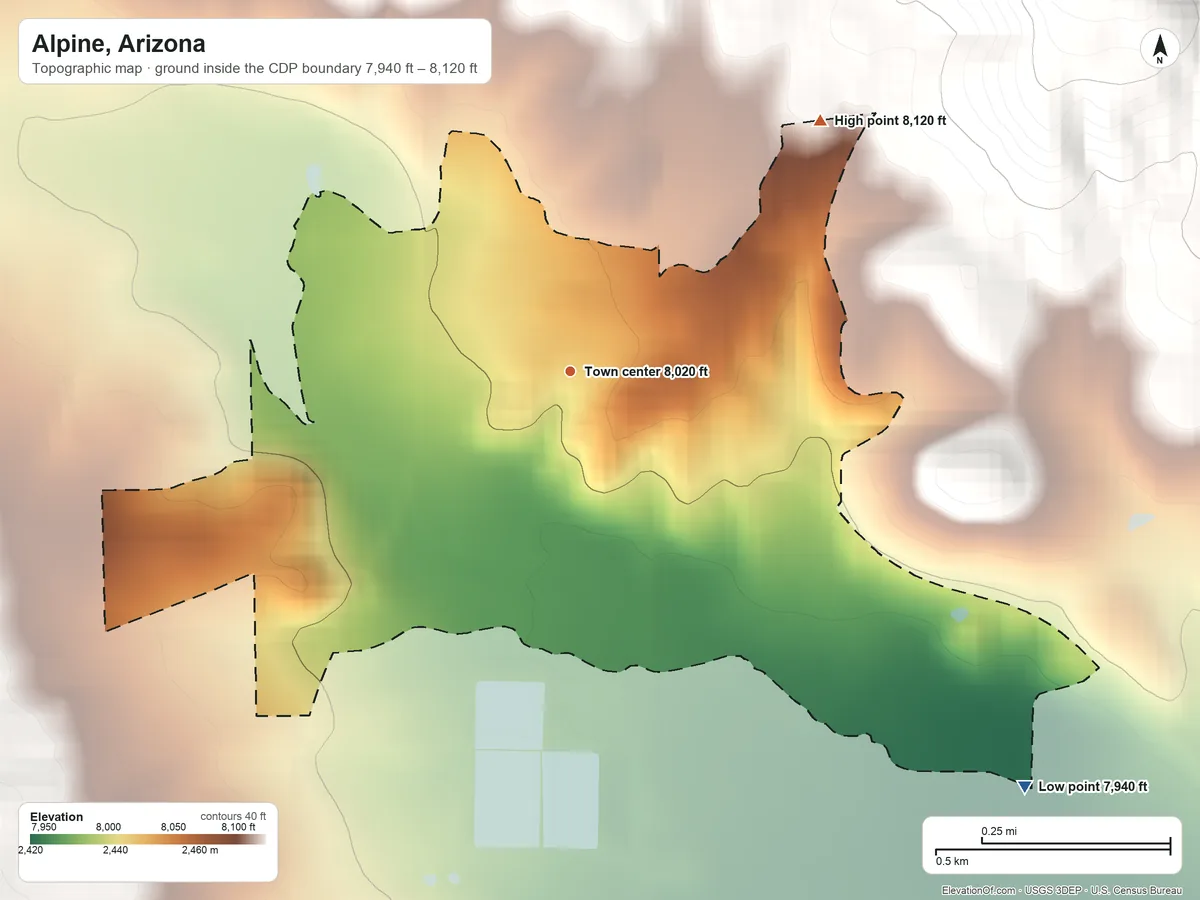Topographic elevation map of Alpine, Arizona, shaded from 7,940 ft on the southeast side to 8,120 ft on the northeast edge, below higher ground just outside