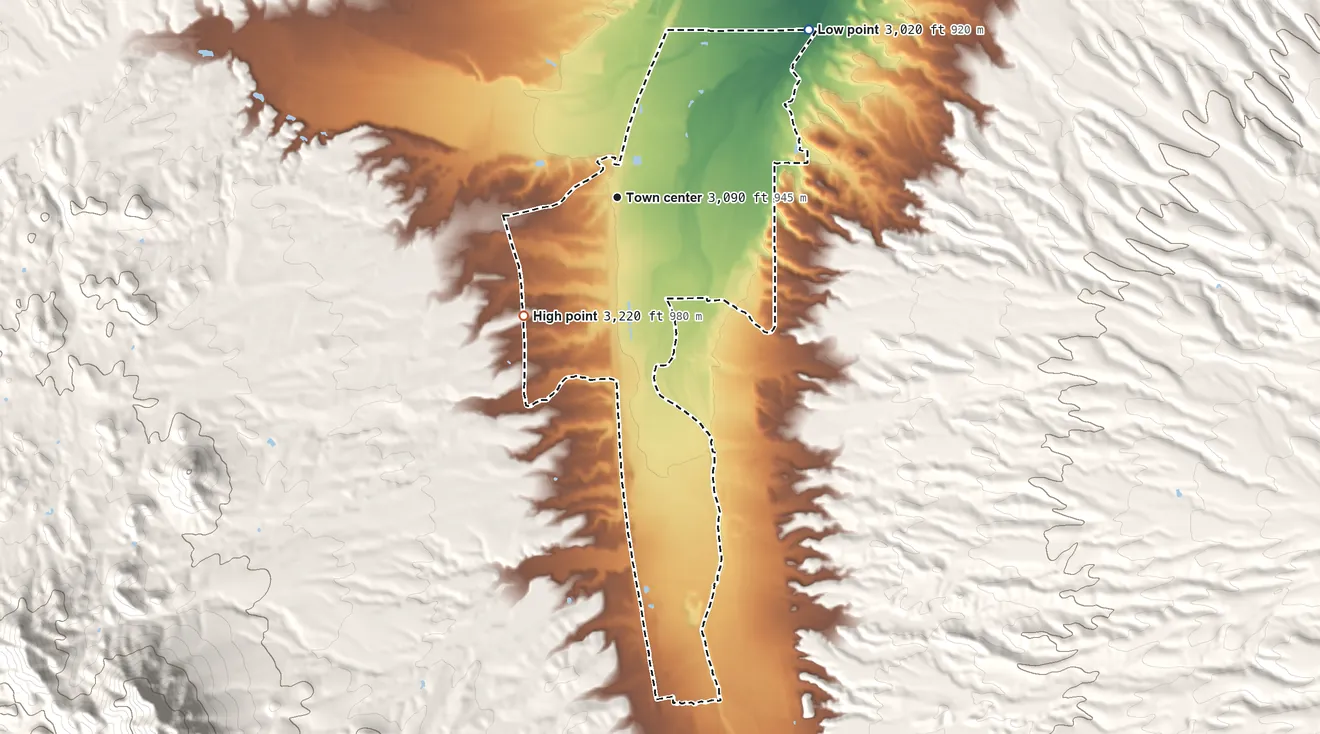 Topographic elevation map of Amado, Arizona, shaded from 3,020 ft on the northeast side to 3,220 ft on the southwest side