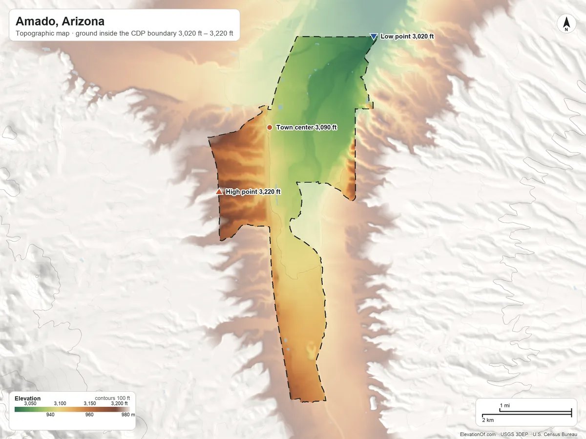 Topographic elevation map of Amado, Arizona, shaded from 3,020 ft on the northeast side to 3,220 ft on the southwest side