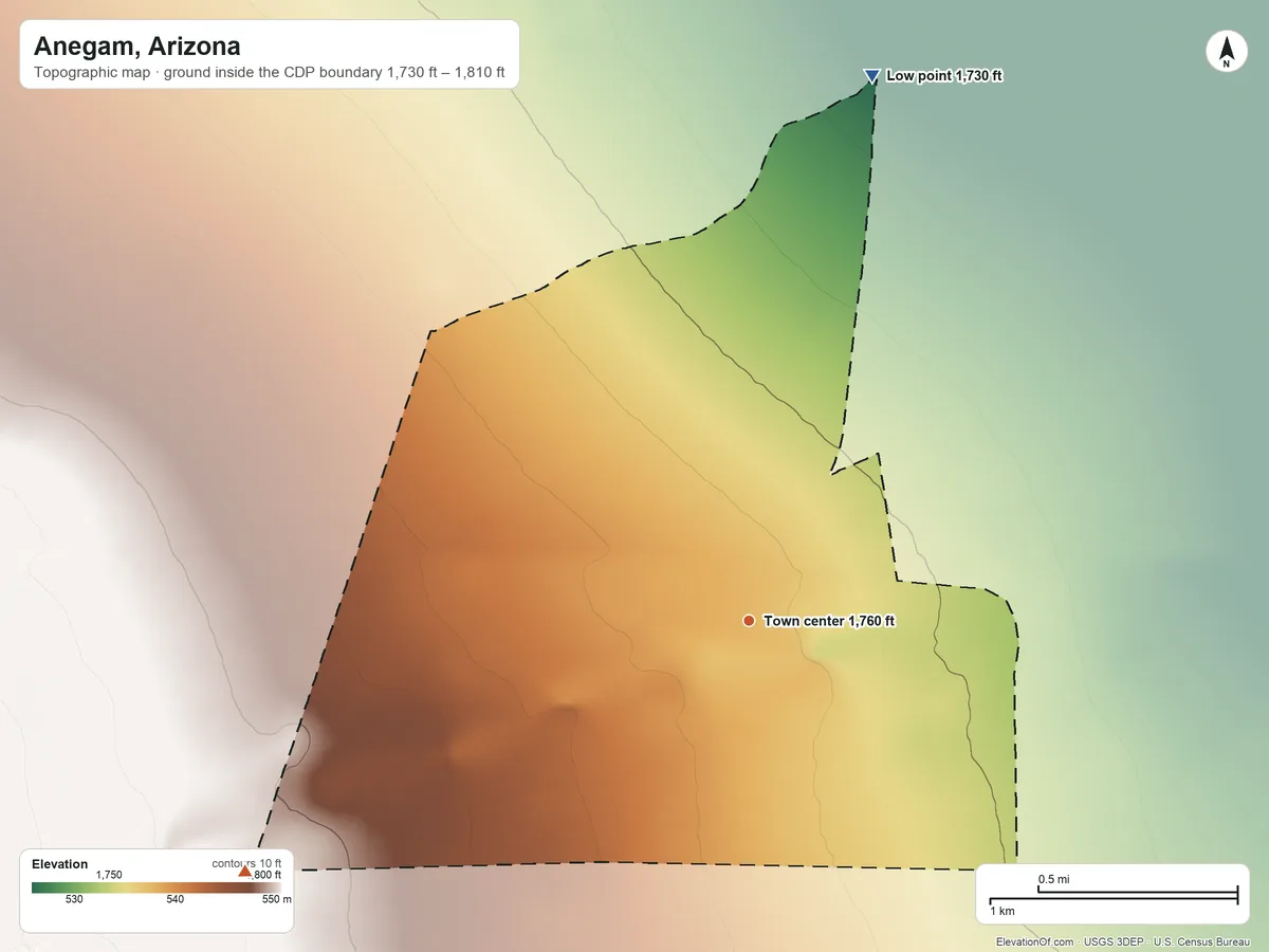 Topographic elevation map of Anegam, Arizona, shaded from 1,730 ft on the north side to 1,810 ft at the foot of the Sheridan Mountains