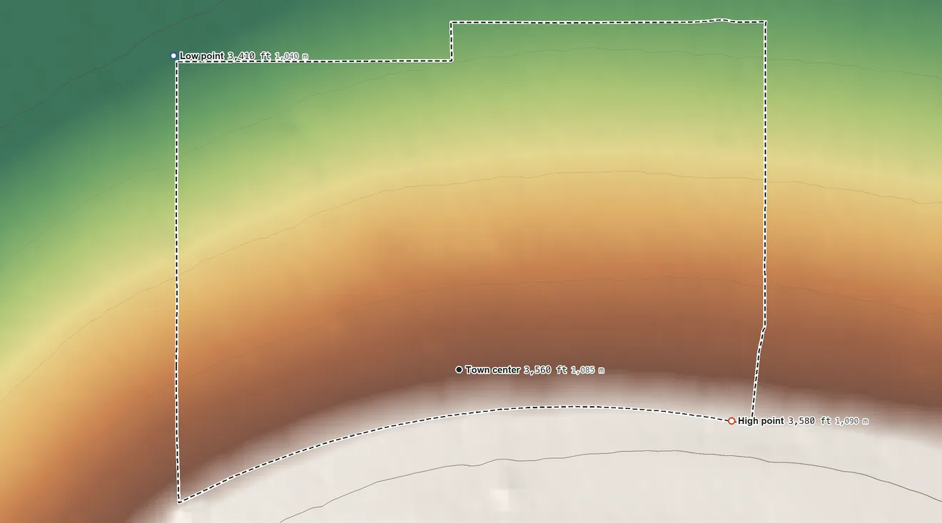 Topographic elevation map of Antares, Arizona, shaded from 3,410 ft on the northwest side to 3,580 ft at the foot of the Peacock Mountains