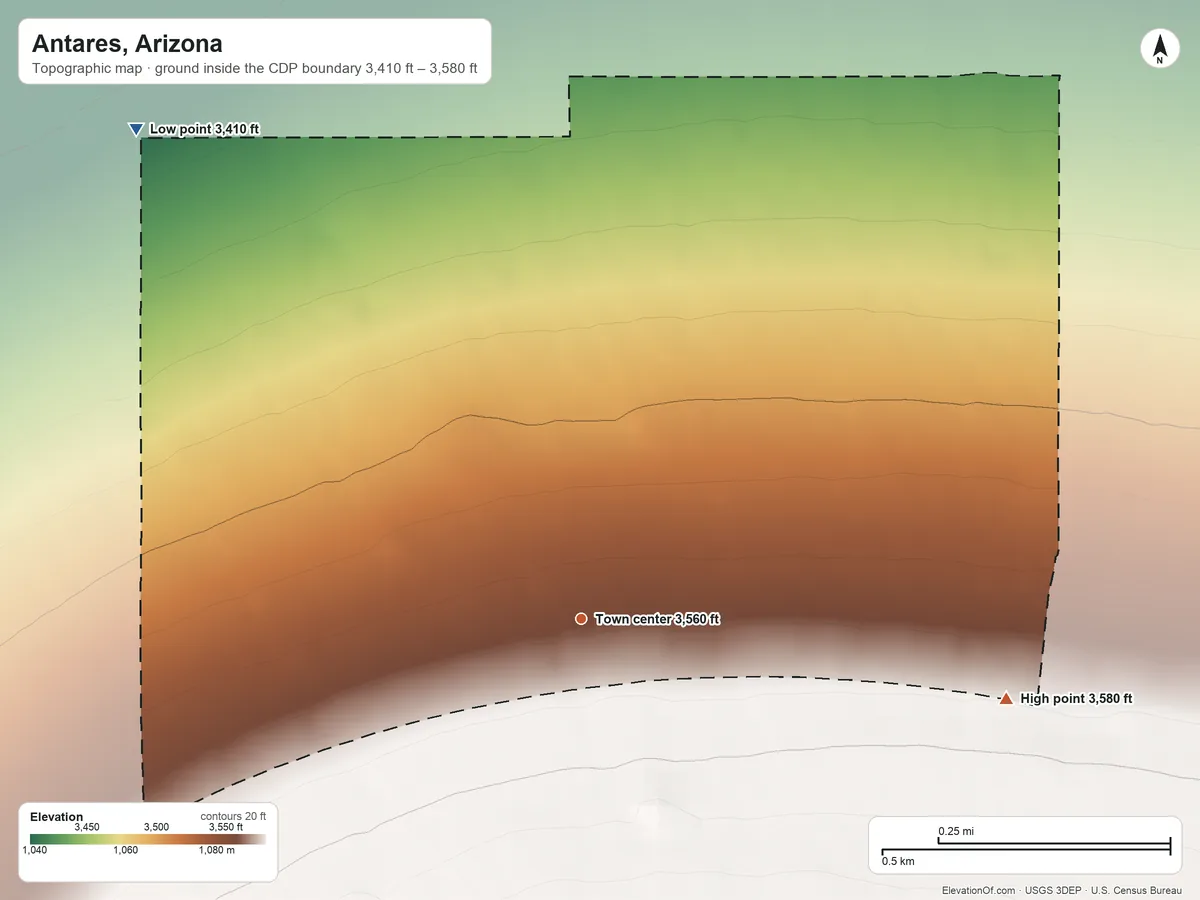 Topographic elevation map of Antares, Arizona, shaded from 3,410 ft on the northwest side to 3,580 ft at the foot of the Peacock Mountains