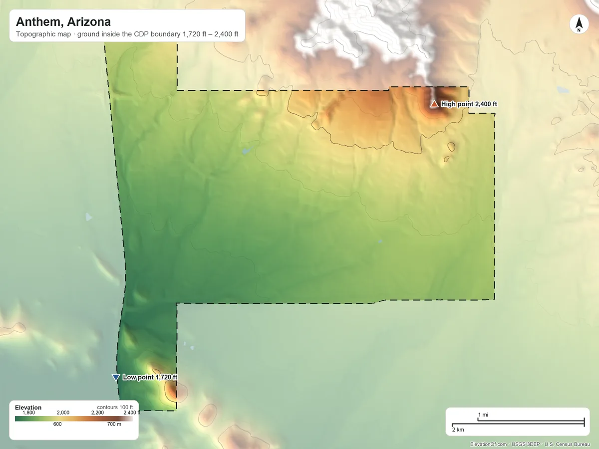Topographic elevation map of Anthem, Arizona, shaded from 1,720 ft on the southwest side to 2,400 ft at the foot of the Union Hills