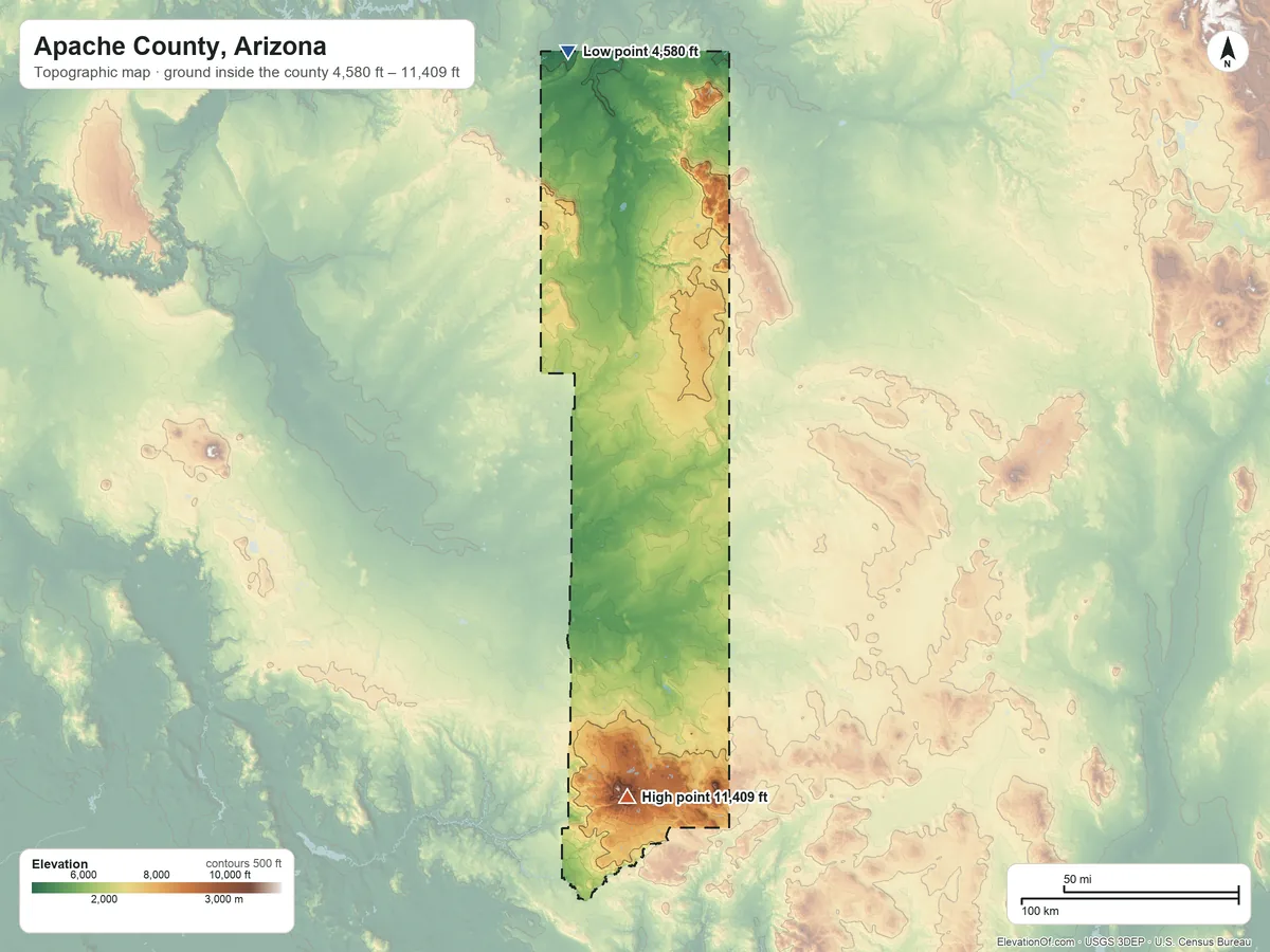 Topographic elevation map of Apache County, Arizona, shaded from 4,580 ft on the north side to 11,409 ft on Baldy Peak