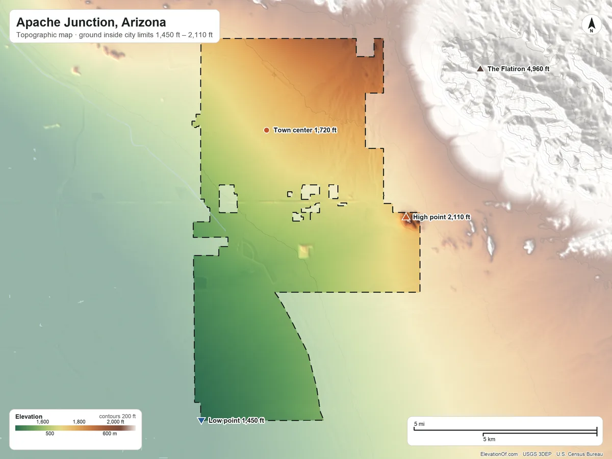 Topographic elevation map of Apache Junction, Arizona, shaded from 1,450 ft on the south side to 2,110 ft on the southeast side