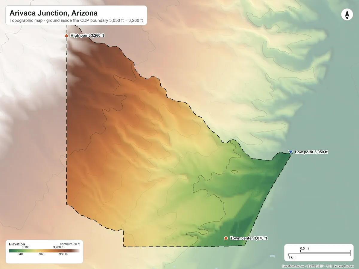 Topographic elevation map of Arivaca Junction, Arizona, shaded from 3,050 ft on the northeast side to 3,260 ft on the northwest side
