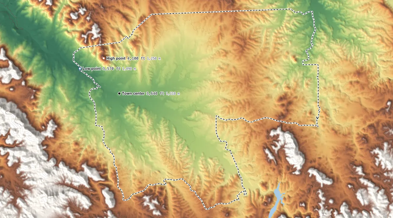 Topographic elevation map of Arivaca, Arizona, shaded from 3,570 ft on the northwest side to 4,100 ft on the northwest side
