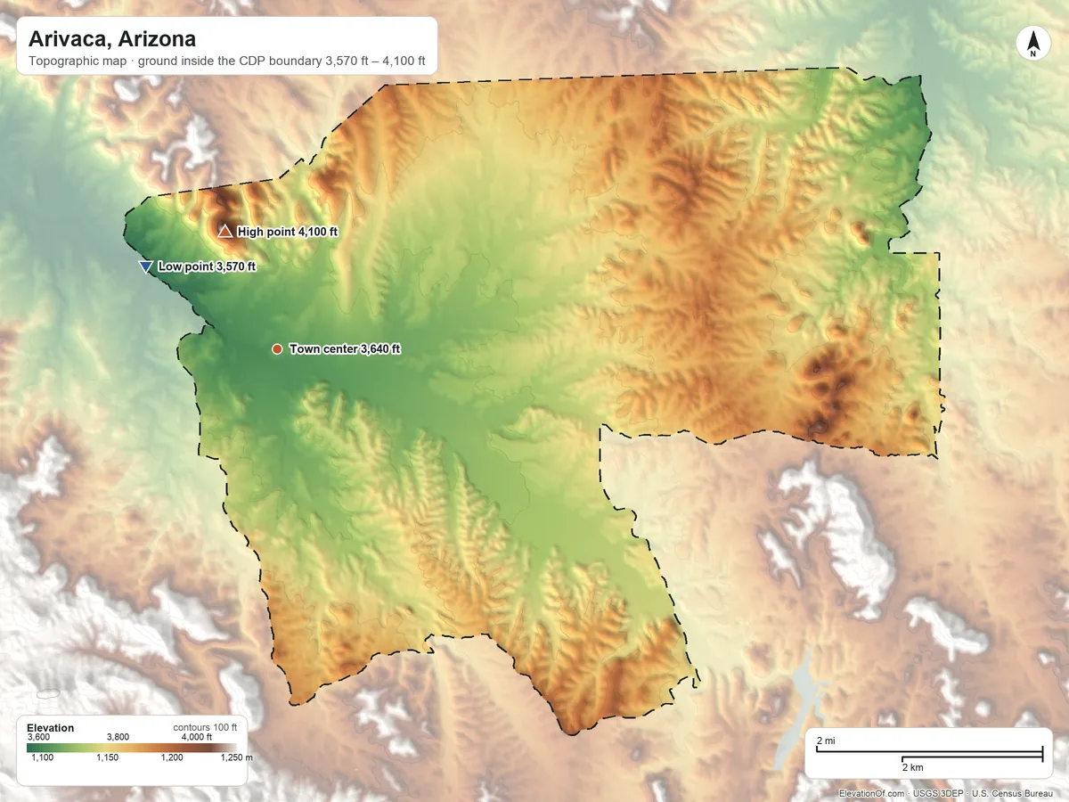 Topographic elevation map of Arivaca, Arizona, shaded from 3,570 ft on the northwest side to 4,100 ft on the northwest side