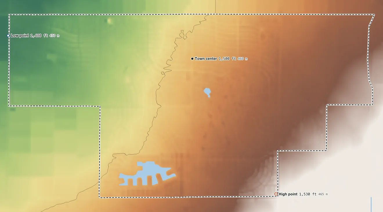 Topographic elevation map of Arizona City, Arizona, shaded from 1,480 ft on the west side to 1,530 ft on the southeast side