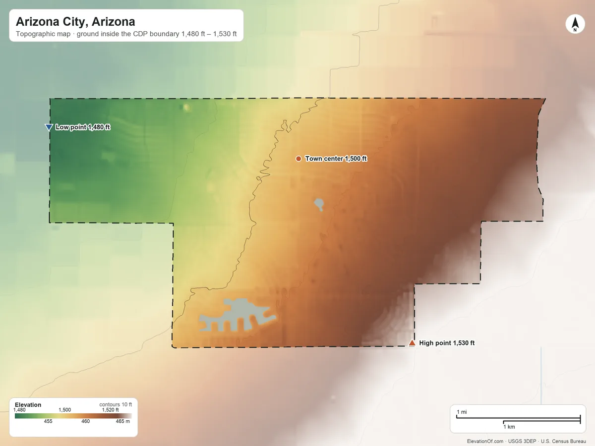 Topographic elevation map of Arizona City, Arizona, shaded from 1,480 ft on the west side to 1,530 ft on the southeast side
