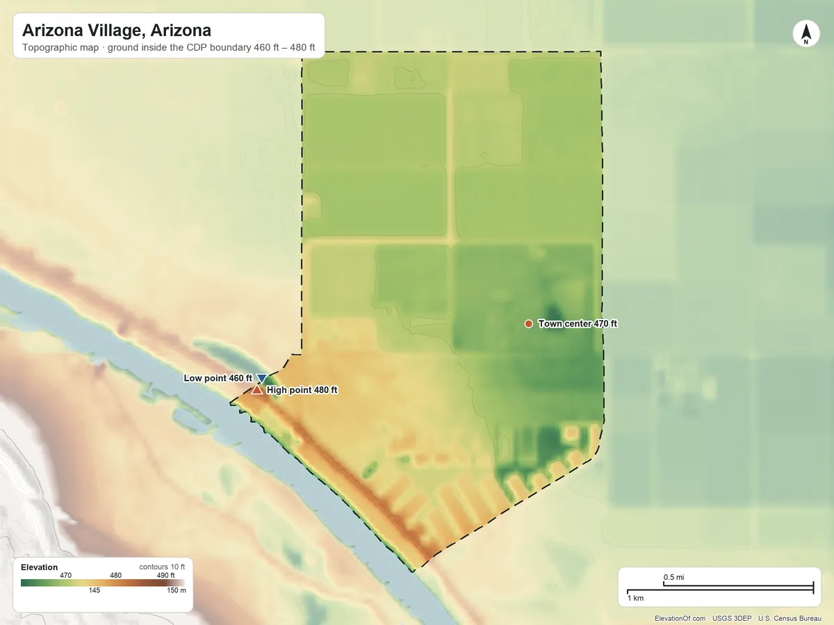 Topographic elevation map of Arizona Village, Arizona, shaded from 460 ft on the west side to 480 ft on the west side