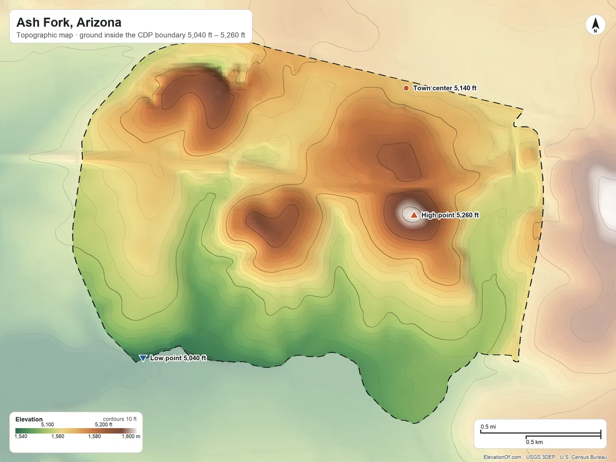 Topographic elevation map of Ash Fork, Arizona, shaded from 5,040 ft on the southwest side to 5,260 ft on the south side