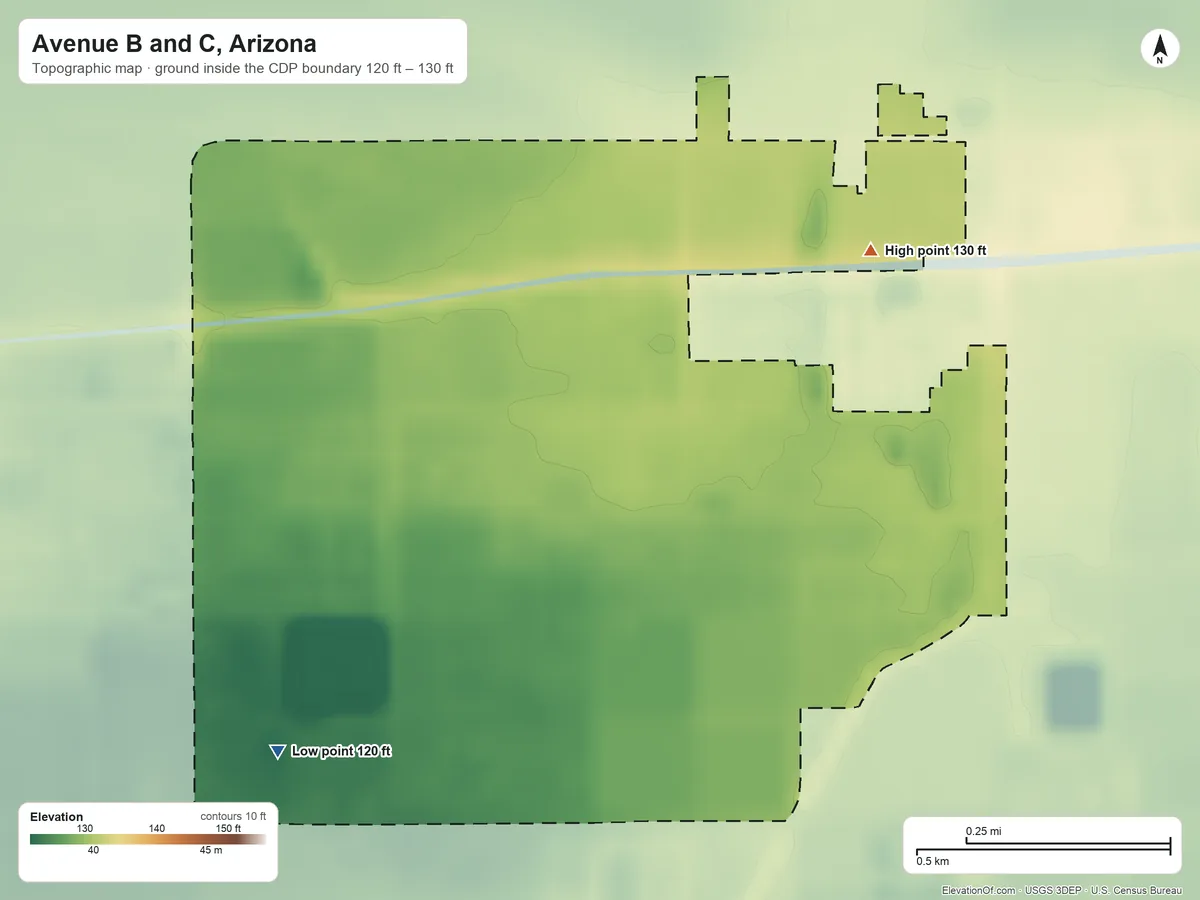 Topographic elevation map of Avenue B and C, Arizona, shaded from 120 ft on the southwest side to 130 ft on the northeast side