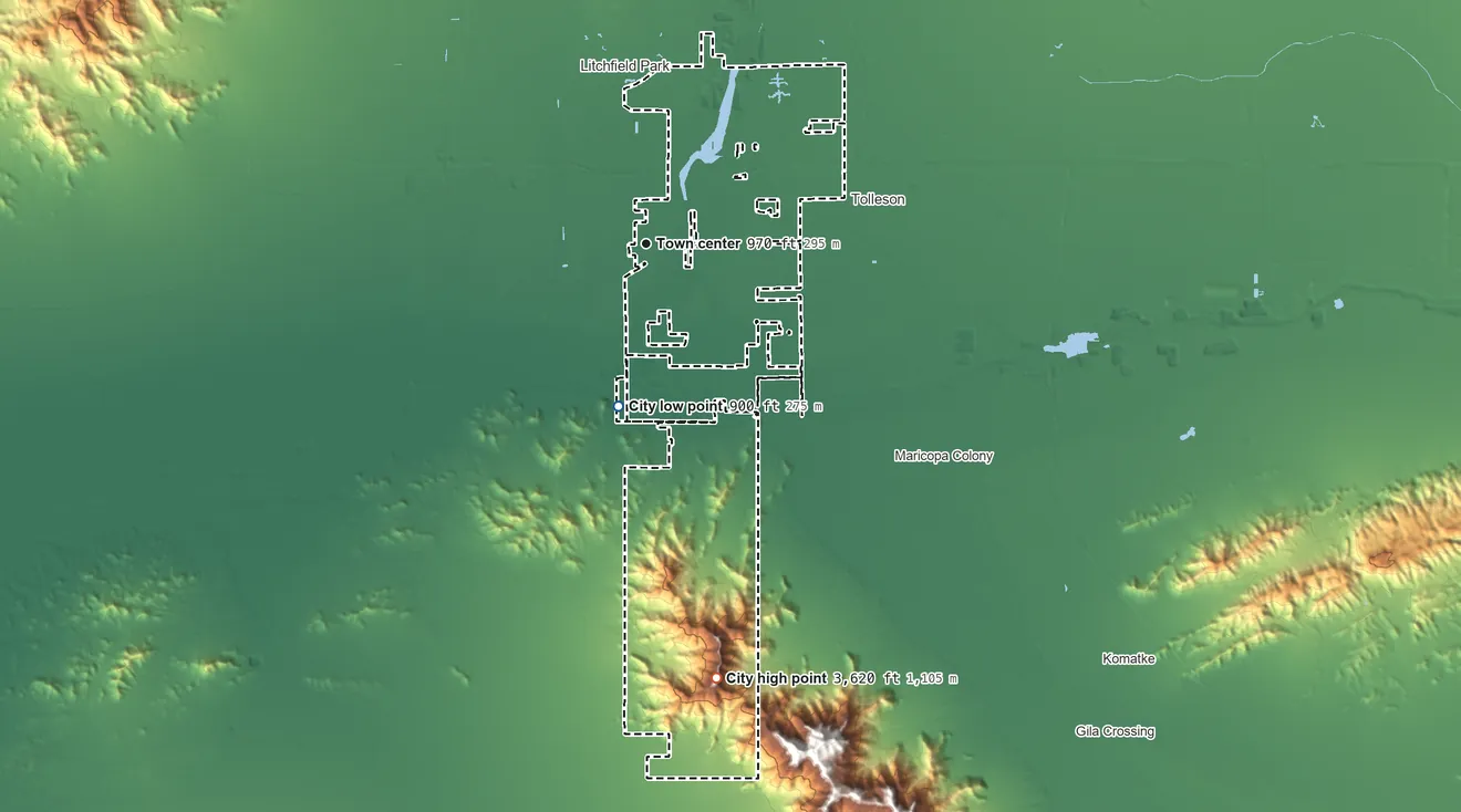 Topographic elevation map of Avondale, Arizona, shaded from 900 ft on the south side to 3,620 ft on the south side