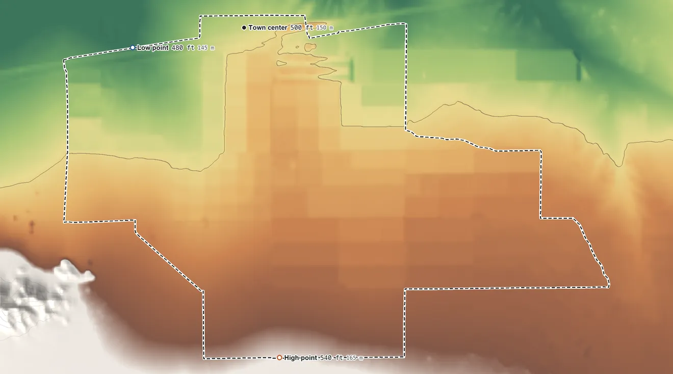 Topographic elevation map of Aztec, Arizona, shaded from 480 ft on the west side to 540 ft at the foot of the Aguila Mountains