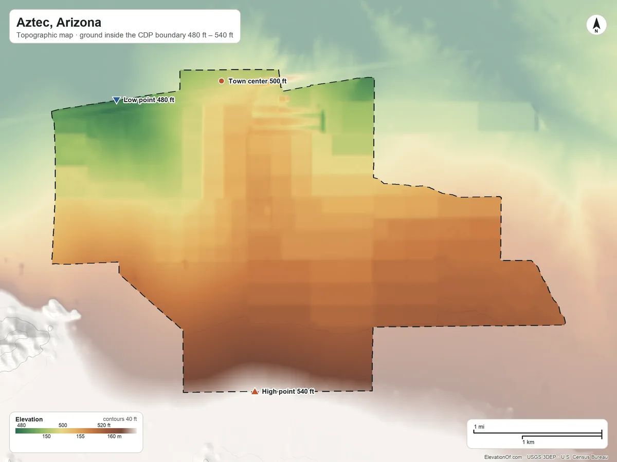 Topographic elevation map of Aztec, Arizona, shaded from 480 ft on the west side to 540 ft at the foot of the Aguila Mountains