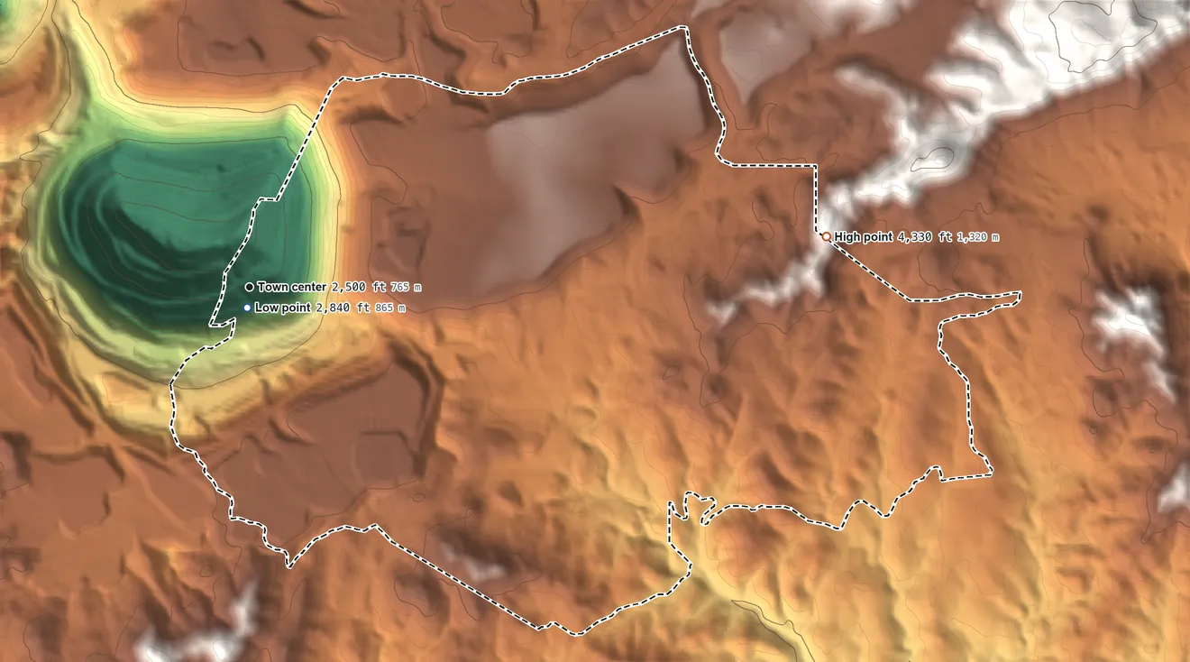 Topographic elevation map of Bagdad, Arizona, shaded from 2,840 ft near the middle to 4,330 ft on the east side