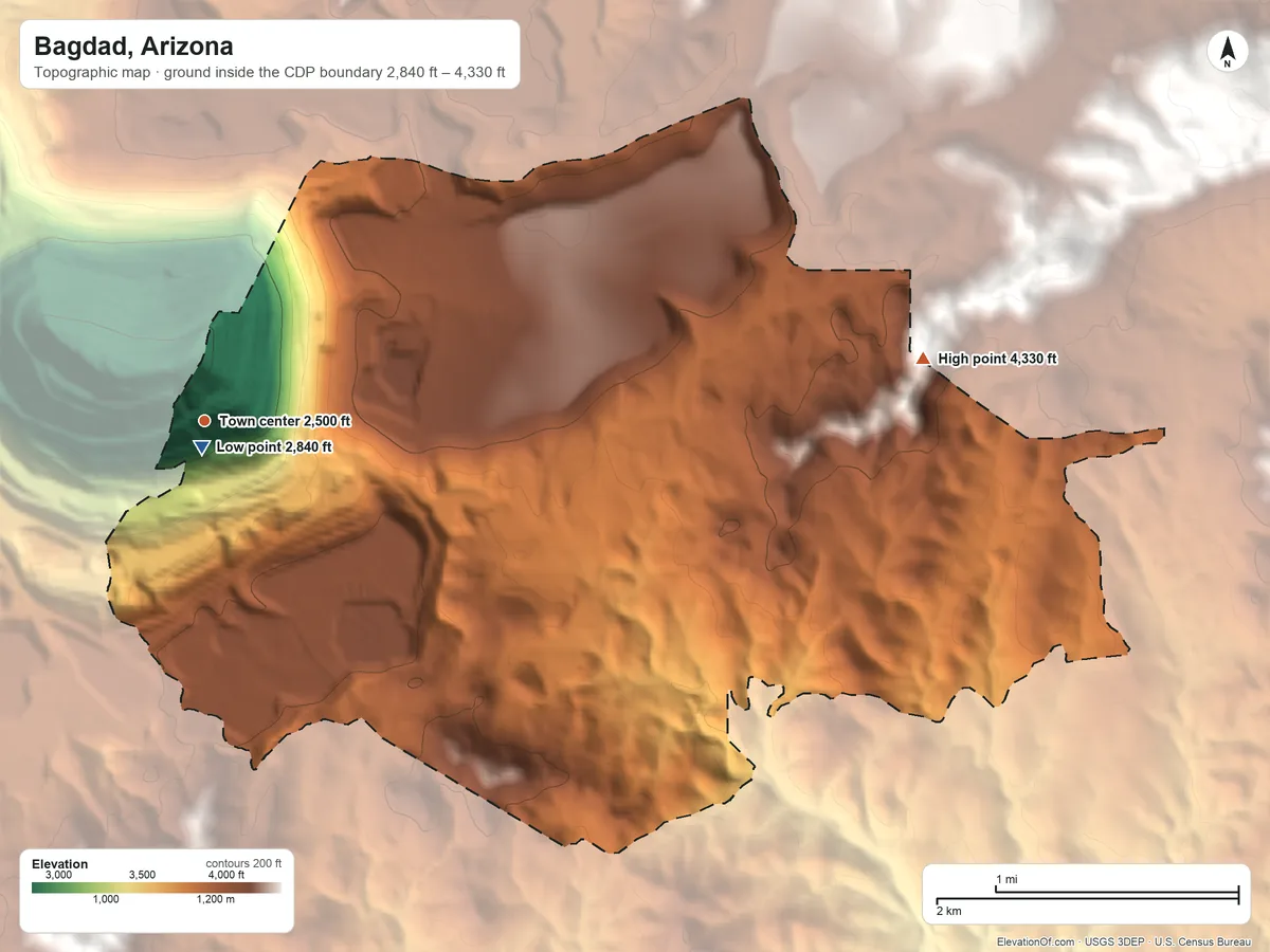 Topographic elevation map of Bagdad, Arizona, shaded from 2,840 ft near the middle to 4,330 ft on the east side