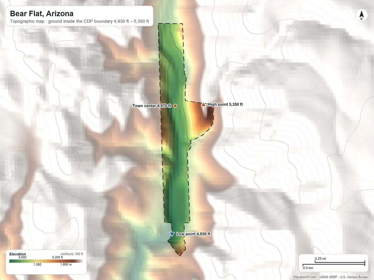 Topographic elevation map of Bear Flat, Arizona, shaded from 4,930 ft on the south side to 5,350 ft at the foot of the Green Valley Hills
