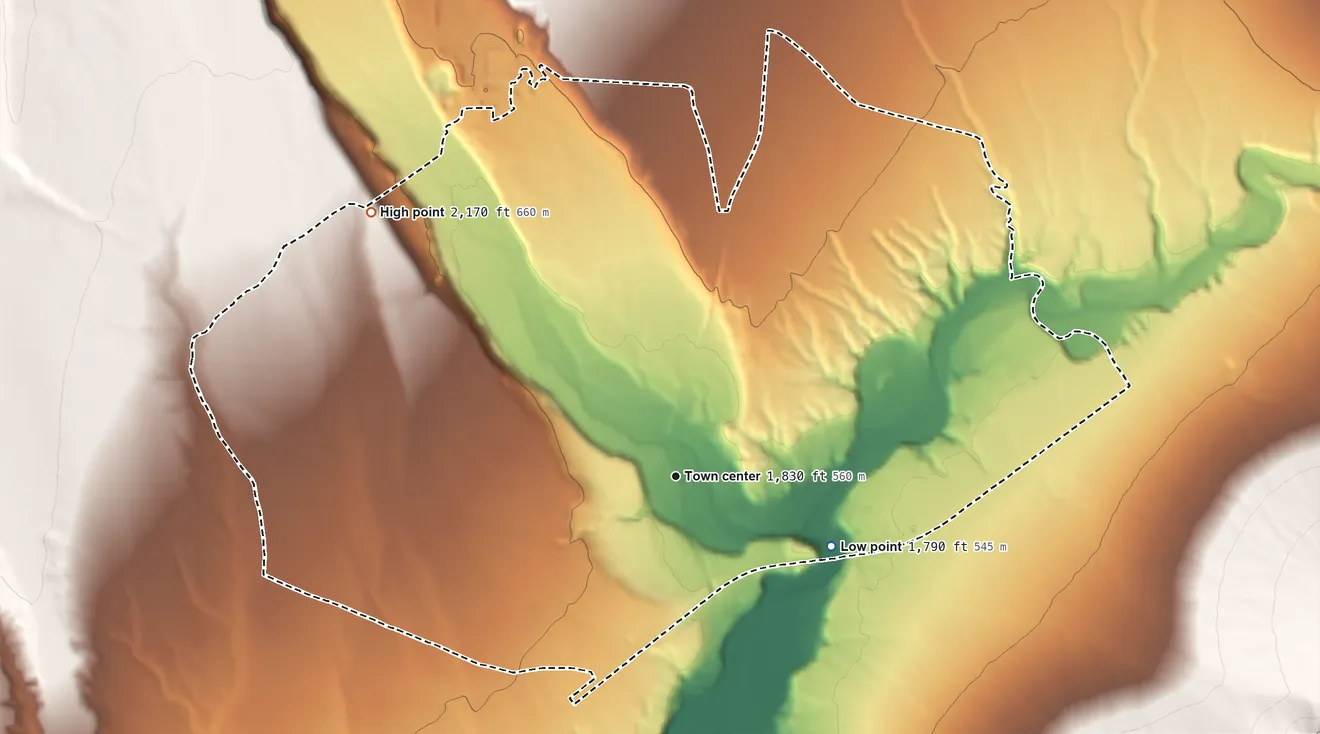 Topographic elevation map of Beaver Dam, Arizona, shaded from 1,790 ft on the southeast side to 2,170 ft on the northwest side