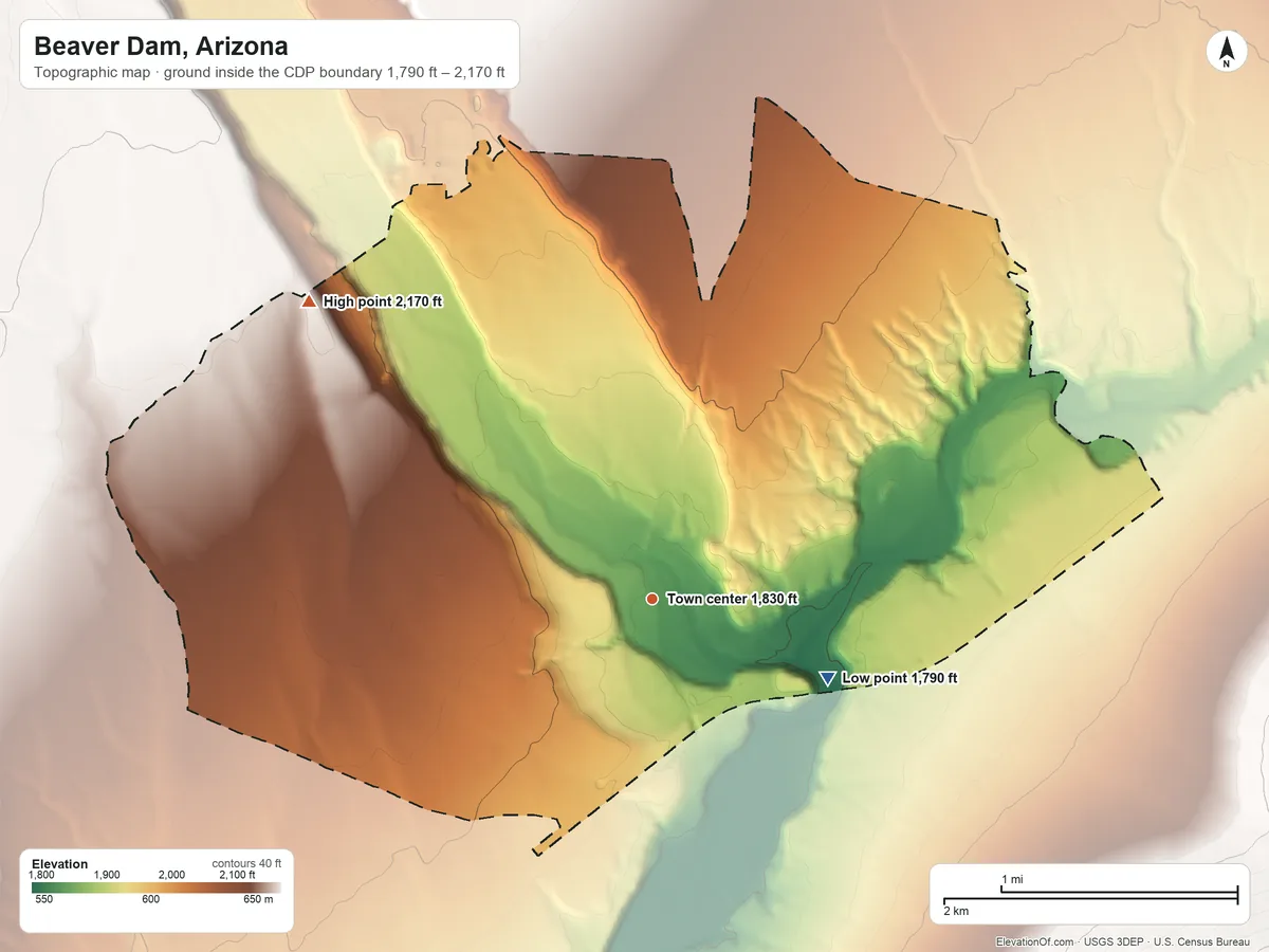 Topographic elevation map of Beaver Dam, Arizona, shaded from 1,790 ft on the southeast side to 2,170 ft on the northwest side