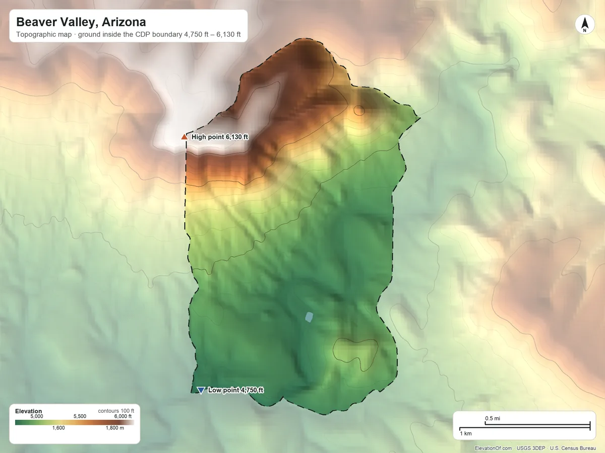 Topographic elevation map of Beaver Valley, Arizona, shaded from 4,750 ft on the southwest side to 6,130 ft on the northwest side