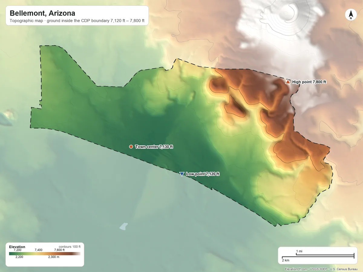 Topographic elevation map of Bellemont, Arizona, shaded from 7,120 ft on the southeast side to 7,800 ft at the foot of the White Horse Hills