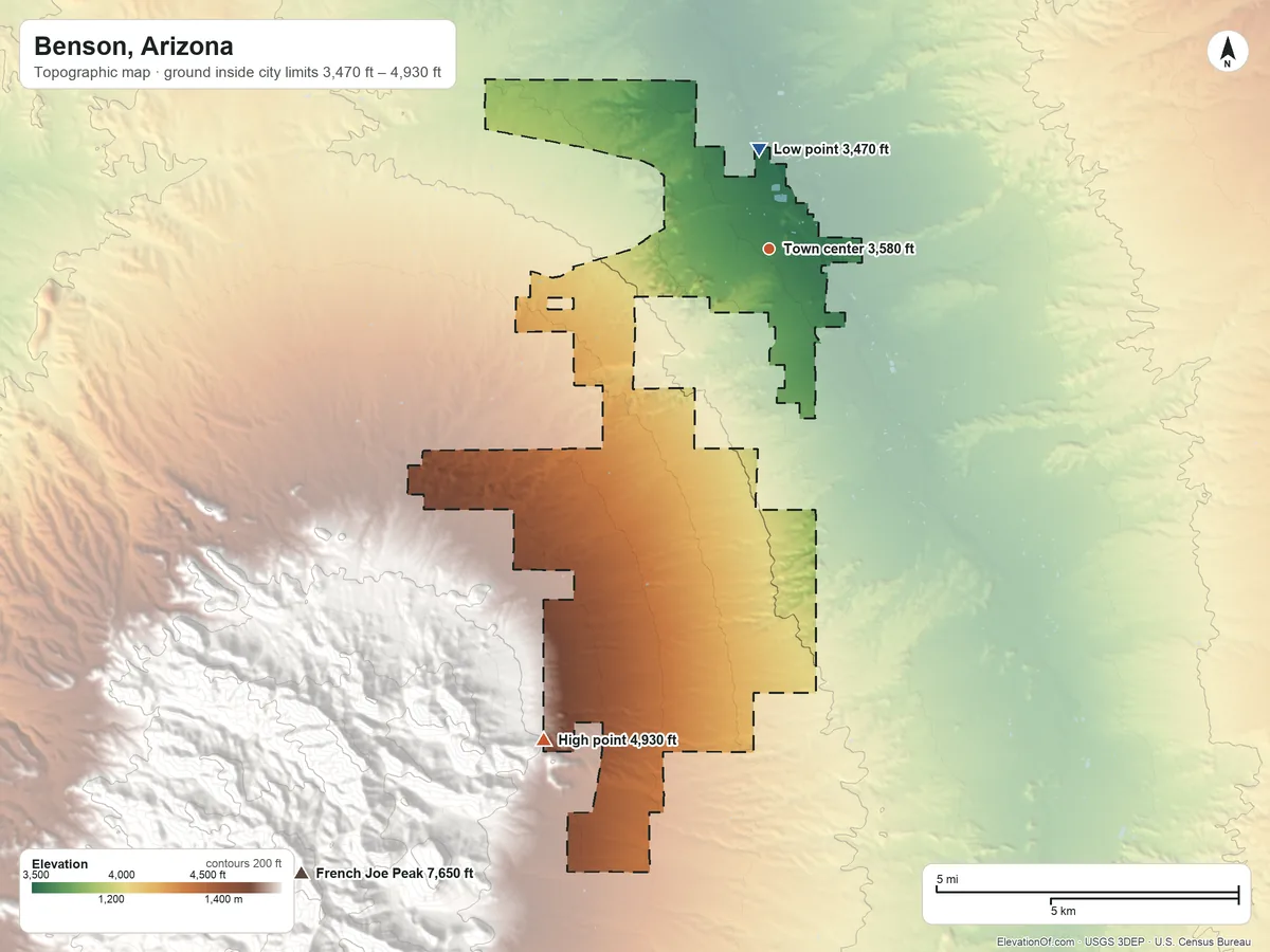Topographic elevation map of Benson, Arizona, shaded from 3,470 ft on the north side to 4,930 ft at the foot of the Whetstone Mountains