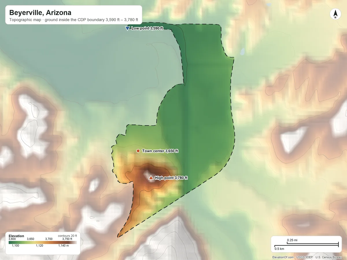 Topographic elevation map of Beyerville, Arizona, shaded from 3,590 ft on the north side to 3,780 ft at the foot of the Patagonia Mountains
