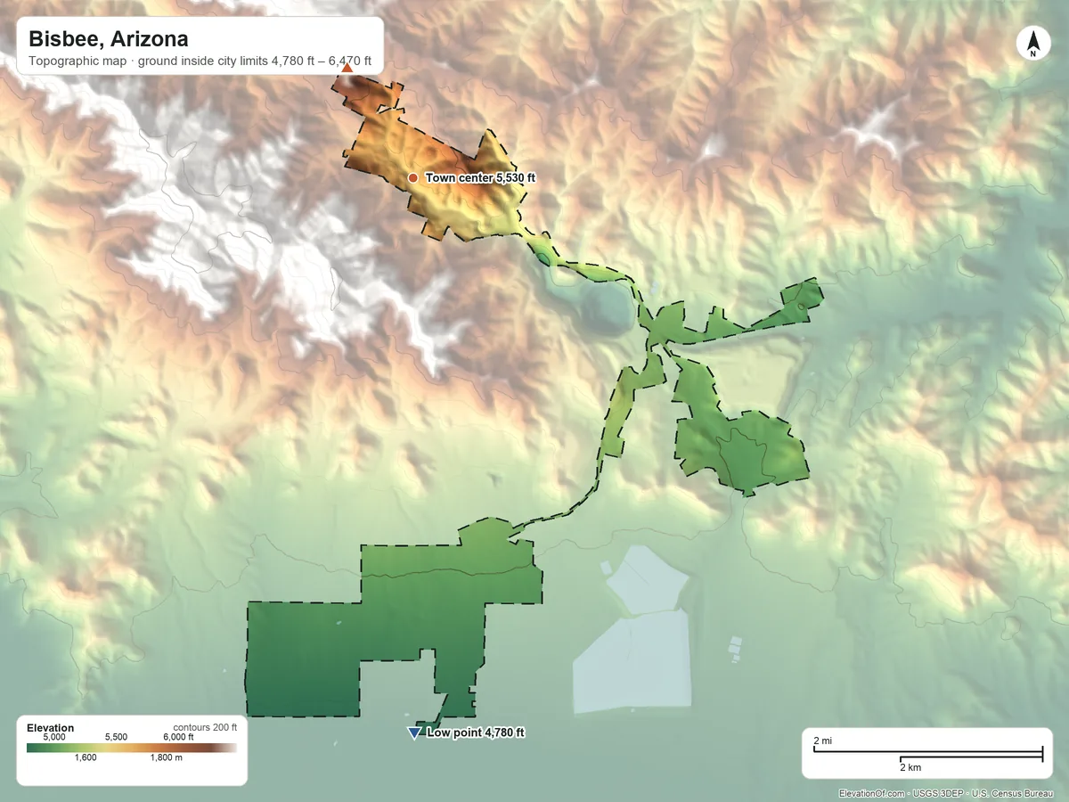 Topographic elevation map of Bisbee, Arizona, shaded from 4,780 ft on the south side to 6,470 ft at the foot of the Mule Mountains