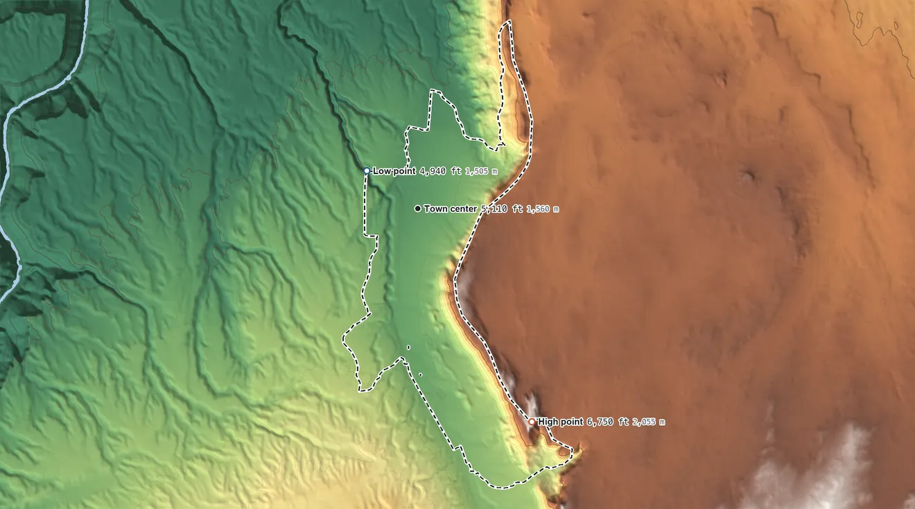 Topographic elevation map of Bitter Springs, Arizona, shaded from 4,940 ft on the northwest side to 6,750 ft on the southeast side