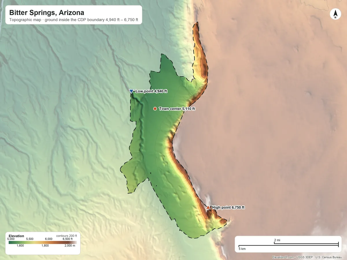 Topographic elevation map of Bitter Springs, Arizona, shaded from 4,940 ft on the northwest side to 6,750 ft on the southeast side