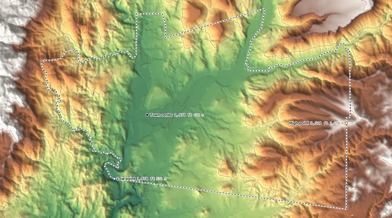 Topographic elevation map of Black Canyon City, Arizona, shaded from 1,870 ft on the southwest side to 3,510 ft on the east side