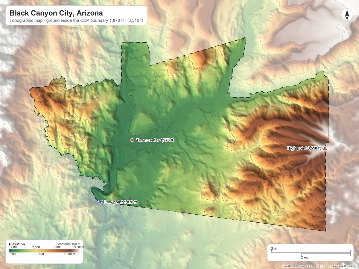 Topographic elevation map of Black Canyon City, Arizona, shaded from 1,870 ft on the southwest side to 3,510 ft on the east side