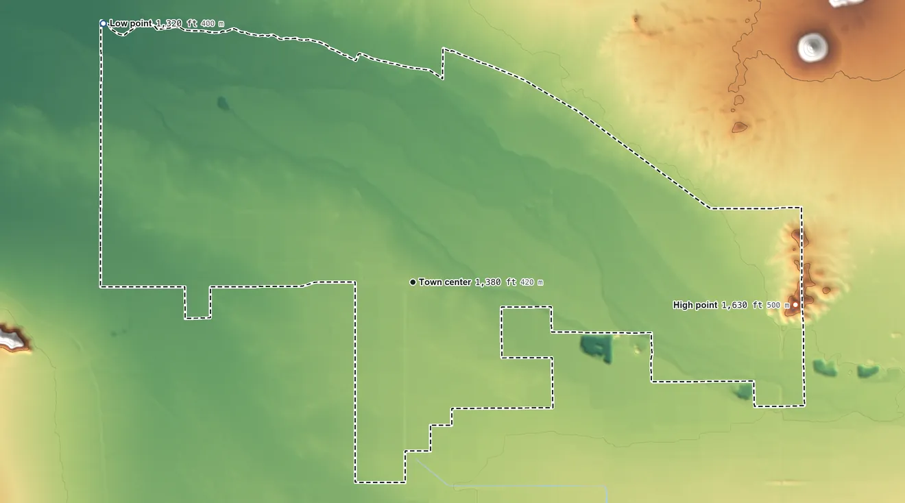 Topographic elevation map of Blackwater, Arizona, shaded from 1,320 ft on the northwest side to 1,635 ft on Cholla Mountain