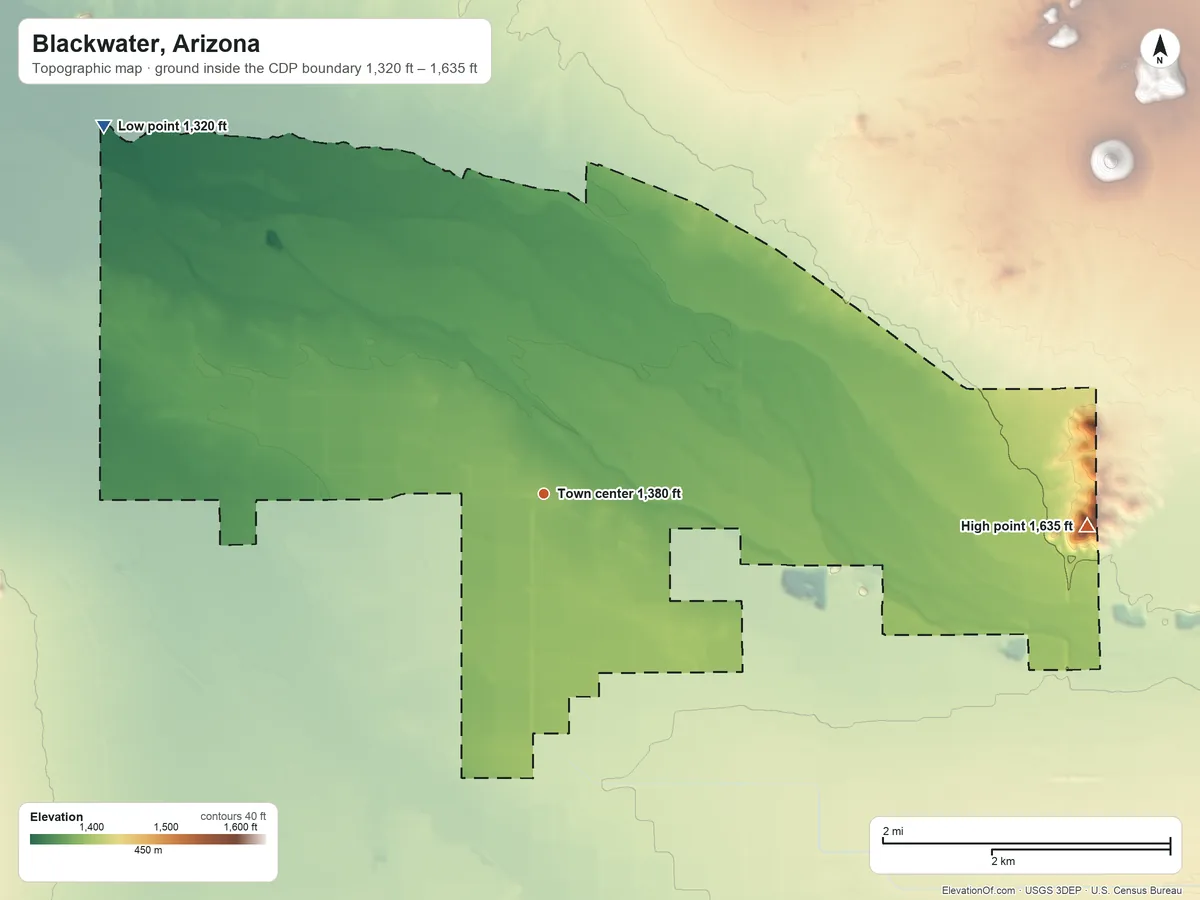 Topographic elevation map of Blackwater, Arizona, shaded from 1,320 ft on the northwest side to 1,635 ft on Cholla Mountain
