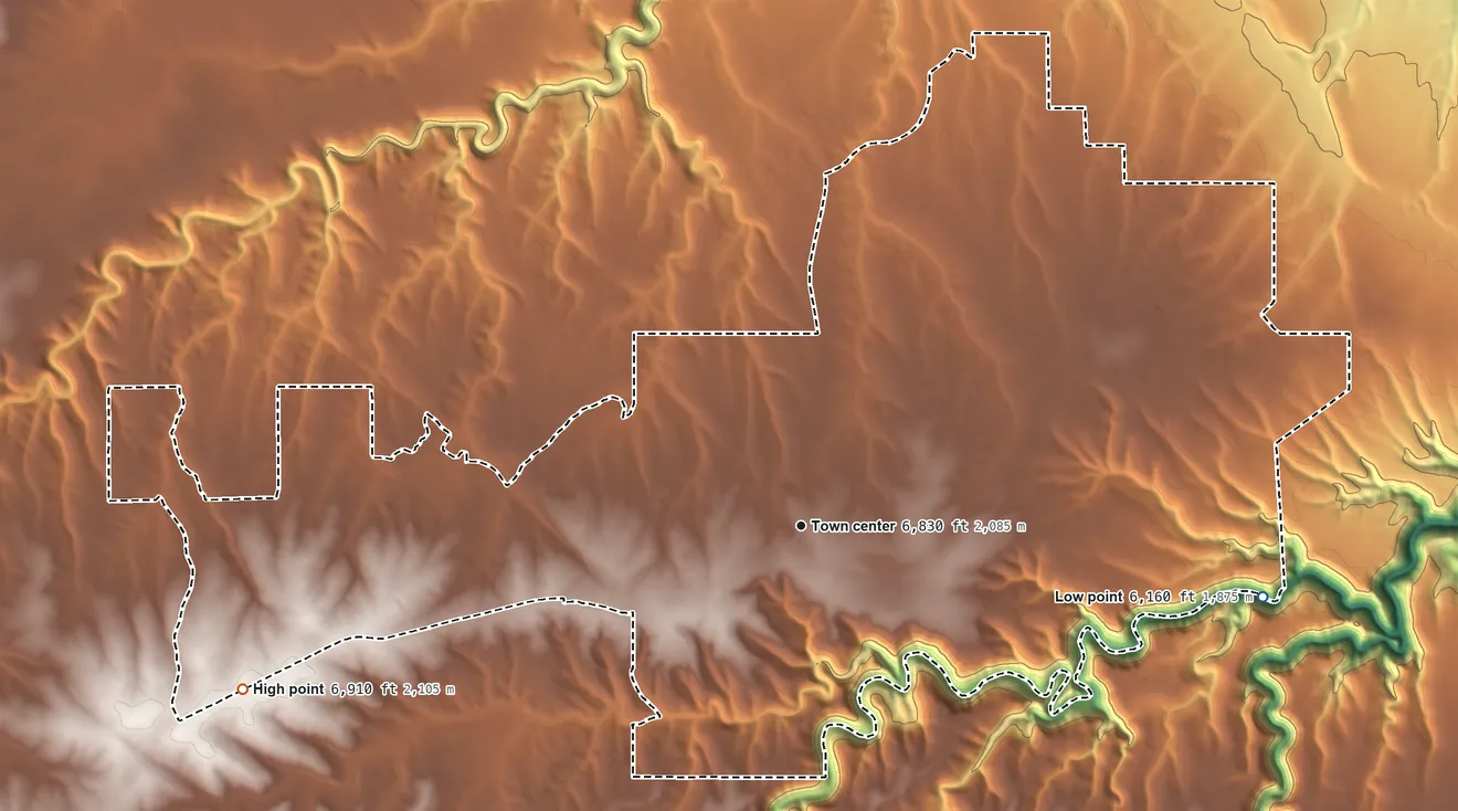 Topographic elevation map of Blue Ridge, Arizona, shaded from 6,160 ft on the east side to 6,910 ft on the west side