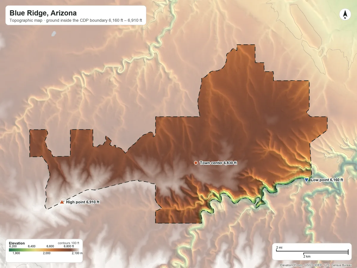 Topographic elevation map of Blue Ridge, Arizona, shaded from 6,160 ft on the east side to 6,910 ft on the west side