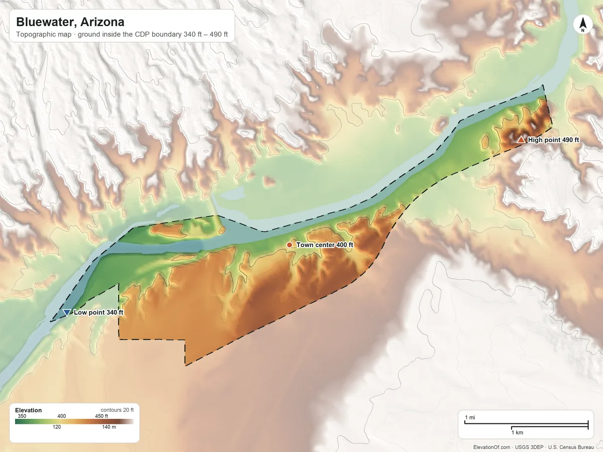 Topographic elevation map of Bluewater, Arizona, shaded from 340 ft on the west side to 490 ft at the foot of the Aubrey Hills
