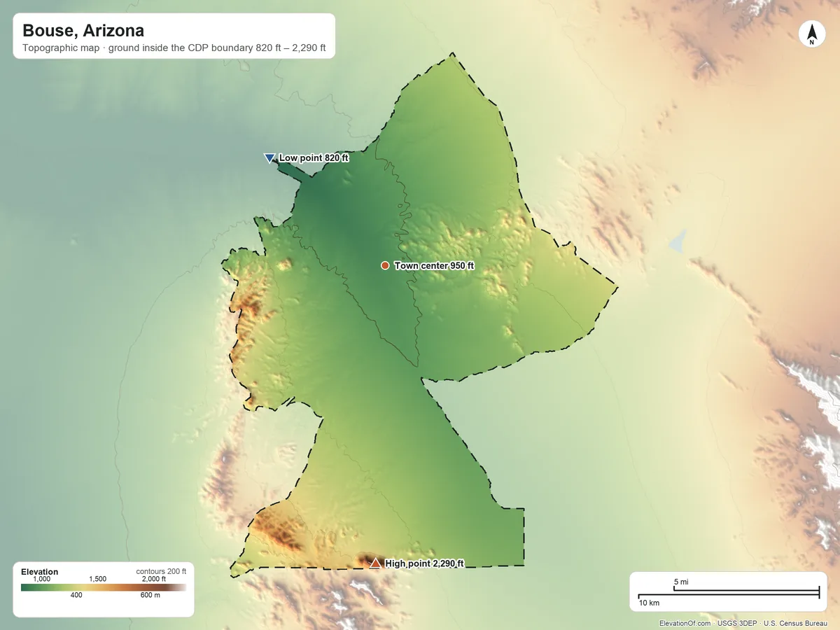 Topographic elevation map of Bouse, Arizona, shaded from 820 ft on the northwest side to 2,290 ft at the foot of the Bear Hills