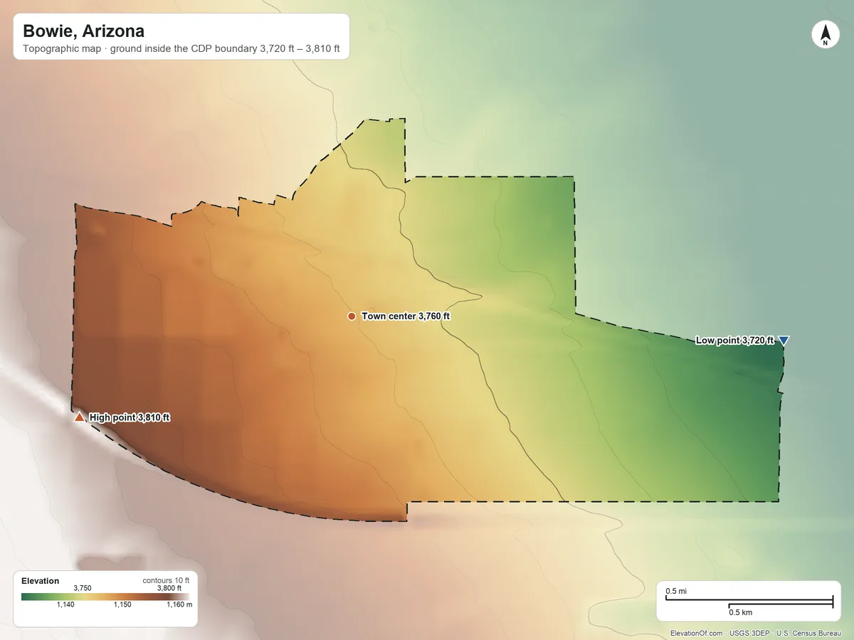 Topographic elevation map of Bowie, Arizona, shaded from 3,720 ft on the east side to 3,810 ft on the west side