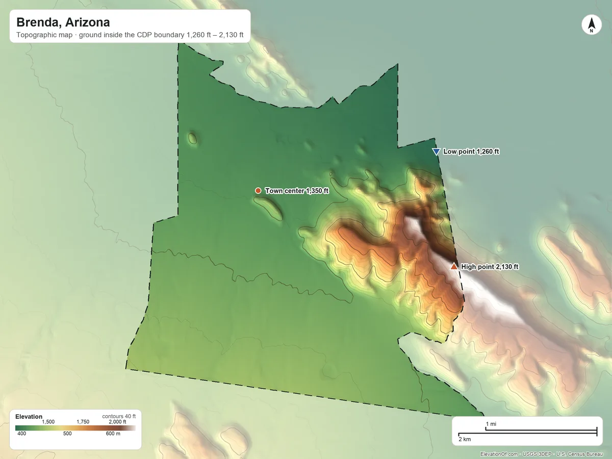 Topographic elevation map of Brenda, Arizona, shaded from 1,260 ft on the east side to 2,130 ft on the east side