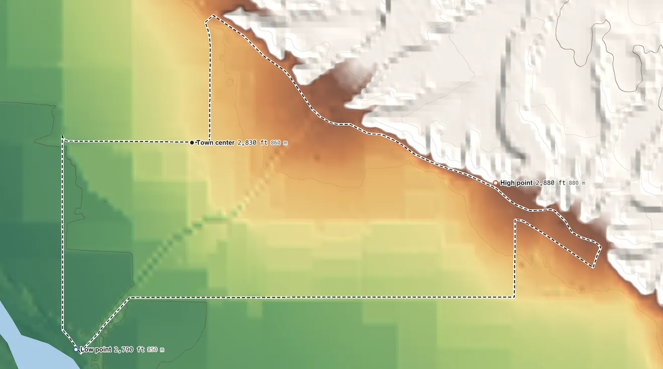 Topographic elevation map of Bryce, Arizona, shaded from 2,790 ft on the southwest side to 2,880 ft at the foot of the Gila Mountains