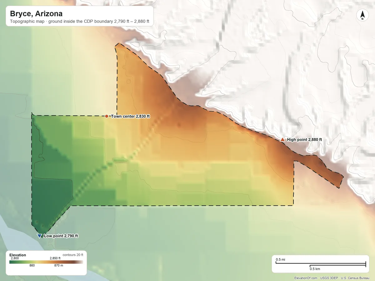 Topographic elevation map of Bryce, Arizona, shaded from 2,790 ft on the southwest side to 2,880 ft at the foot of the Gila Mountains
